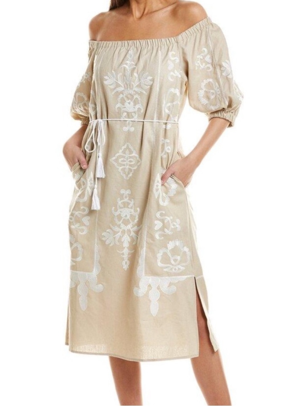 Vince Camuto tan white embroidered off the shoulder linen blend dress